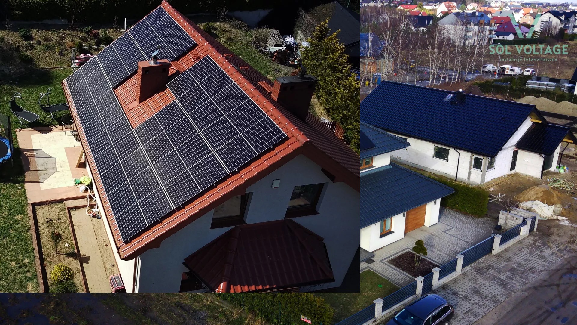 Dwa domy: jeden z panelami słonecznymi na czerwonym dachu, drugi z ciemnym dachem i logo firmy na tle zabudowy.