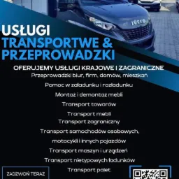 Reklama firmy transportowej i przeprowadzkowej z samochodem dostawczym Iveco w tle, oferującej usługi krajowe i zagraniczne, w tym transport mebli, towarów, samochodów, maszyn i palet.