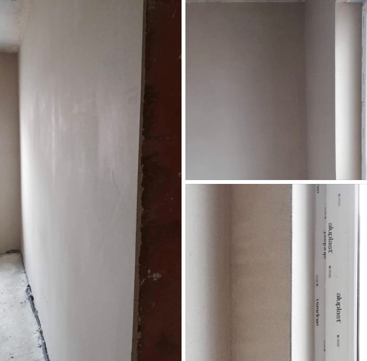 Ściany po nałożeniu gładzi, widoczne nierówności i przygotowanie do dalszych prac wykończeniowych, fragment okna z profilem Aluplast w prawym dolnym rogu.