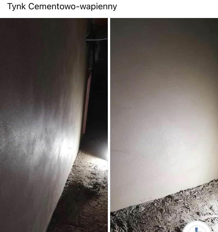 Dwie ściany z nałożonym tynkiem cementowo-wapiennym, jedna oświetlona punktowo, druga w ciemniejszym otoczeniu, widoczny surowy stan podłoża przed wykończeniem.
