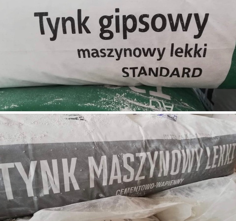 Ułożone worki z zaprawą: gipsowa lekka STANDARD i cementowo-wapienna. Widoczne napisy informacyjne na opakowaniach.