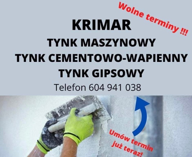 Reklama firmy tynkarskiej: tekst informujący o wolnych terminach, numer telefonu i nazwy tynków (maszynowy, cementowo-wapienny, gipsowy), poniżej dłonie w zielonych rękawicach nakładające tynk...
