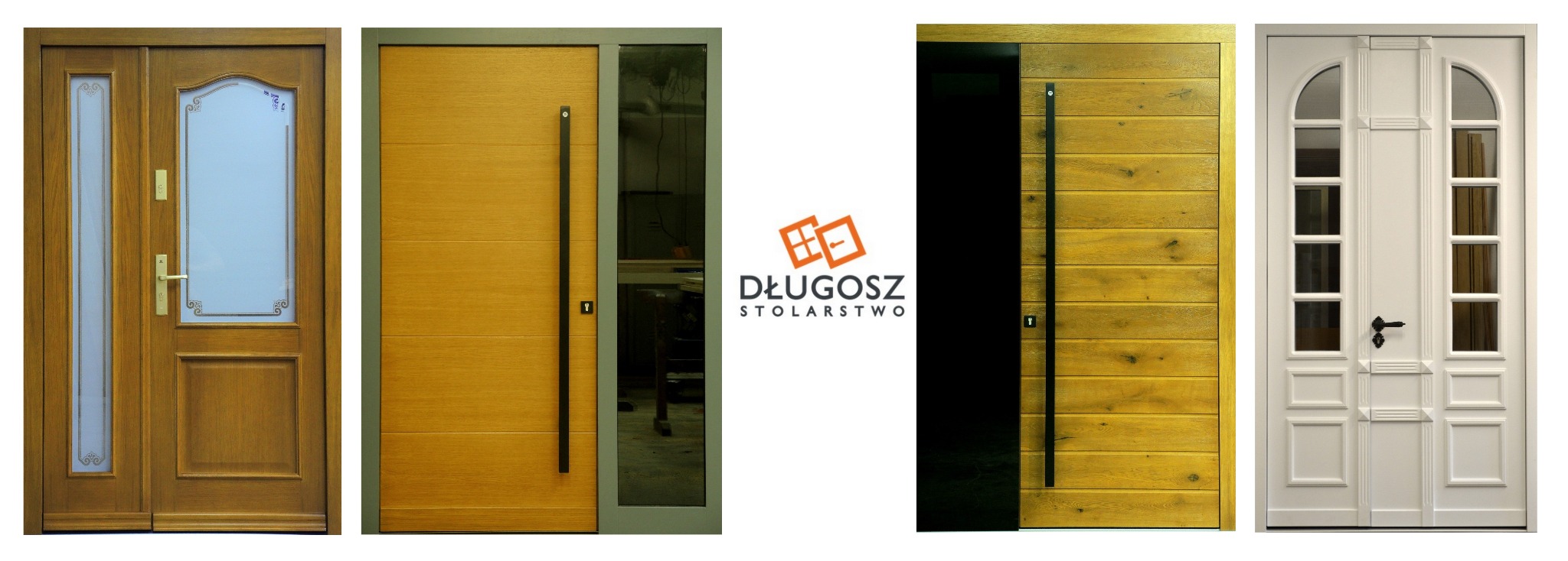 Kompozycja czterech różnych nowoczesnych drzwi zewnętrznych od Stolarstwa Długosz: drewniane z szybą, panelowe z długim uchwytem, z poziomych desek oraz białe z przeszkleniami.