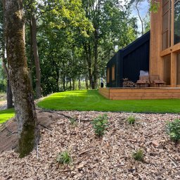 SADZIMYTO - Grzegorz Malinowski - Nowoczesny ogród z czarnym domem, świeżo skoszoną trawą w paski i rabatą wysypaną korą. Widoczny system nawadniania i drzewa w tle.