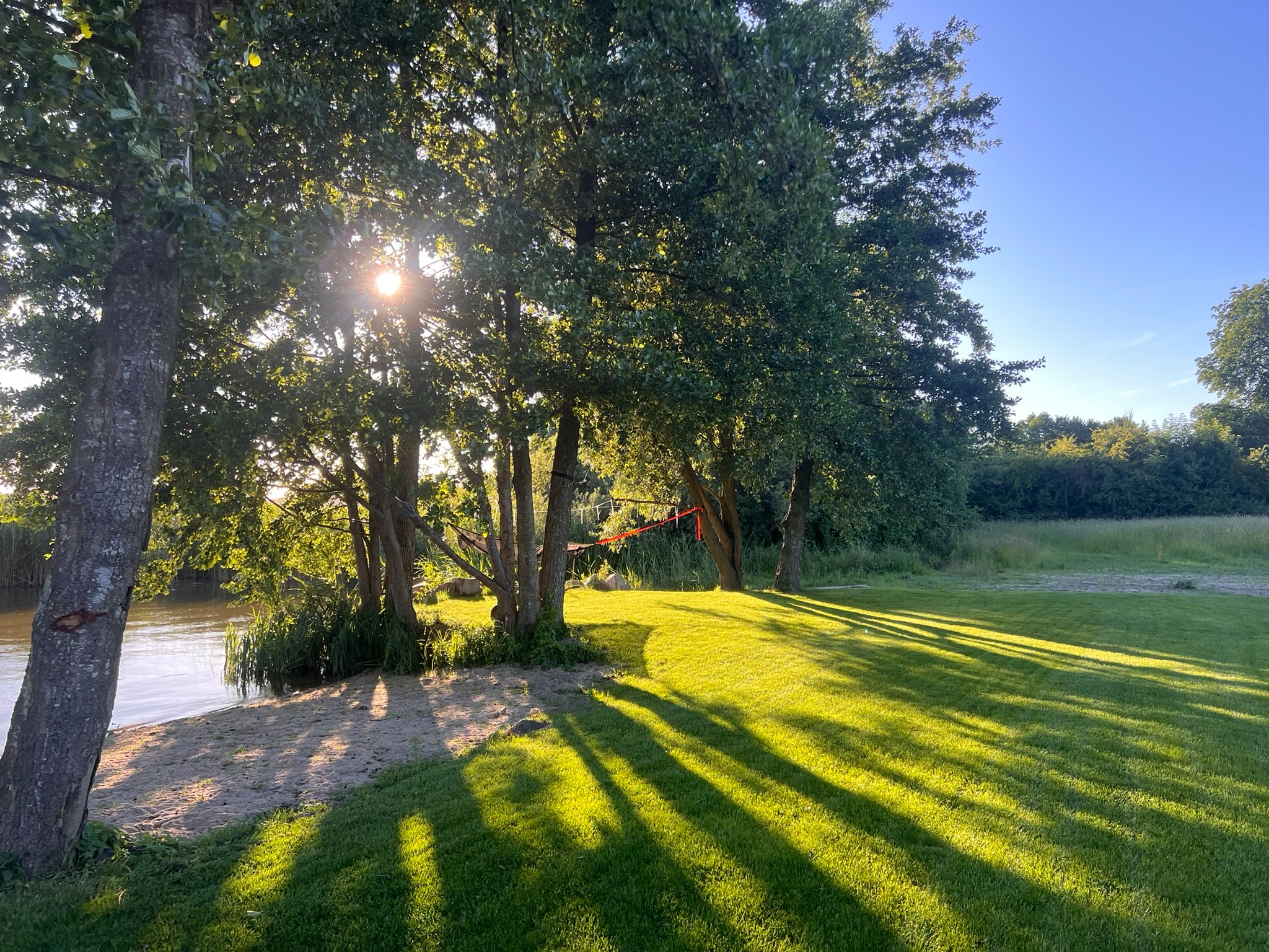Słoneczny krajobraz: trawnik z długimi cieniami drzew, brzeg rzeki i hamak zawieszony między drzewami. Letnie popołudnie.