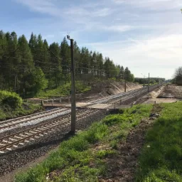 Dwa tory kolejowe biegnące przez krajobraz z nasypem ziemnym po prawej stronie, słupy trakcyjne i linia energetyczna nad torami, las w tle, trawa i ziemia na pierwszym planie, widok na linię...