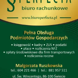 Grafika reklamowa biura rachunkowego Perfecta z logotypem, adresem strony internetowej i numerami telefonów. Oferuje pełną obsługę podmiotów gospodarczych, w tym księgowość, kadry, ZUS, podatki...