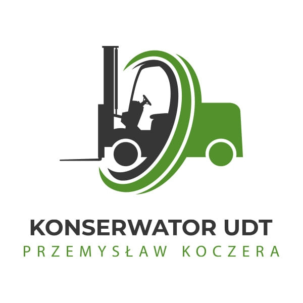 Logo firmy Konserwator UDT Przemysław Koczera przedstawiające stylizowany wózek widłowy w kolorach zieleni i czerni.