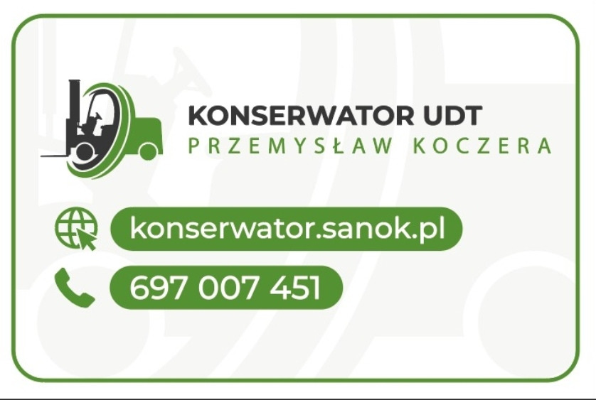 Wizytówka konserwatora UDT Przemysława Koczery z Sanoka, z ikoną wózka widłowego, adresem strony internetowej i numerem telefonu, na białym tle z zieloną ramką.