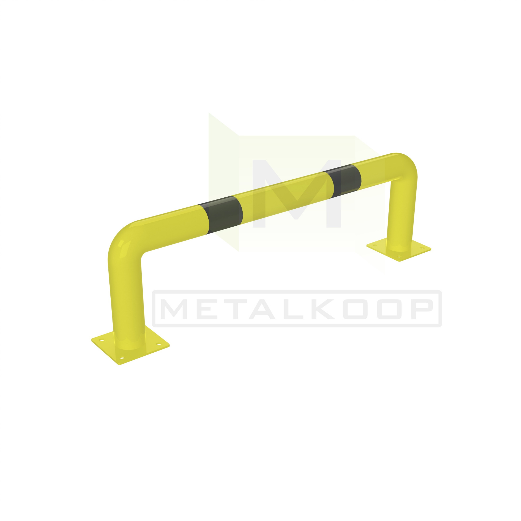 Żółta metalowa bariera ochronna z czarnymi pasami ostrzegawczymi, przymocowana do podłoża za pomocą kwadratowych podstaw z otworami na śruby.