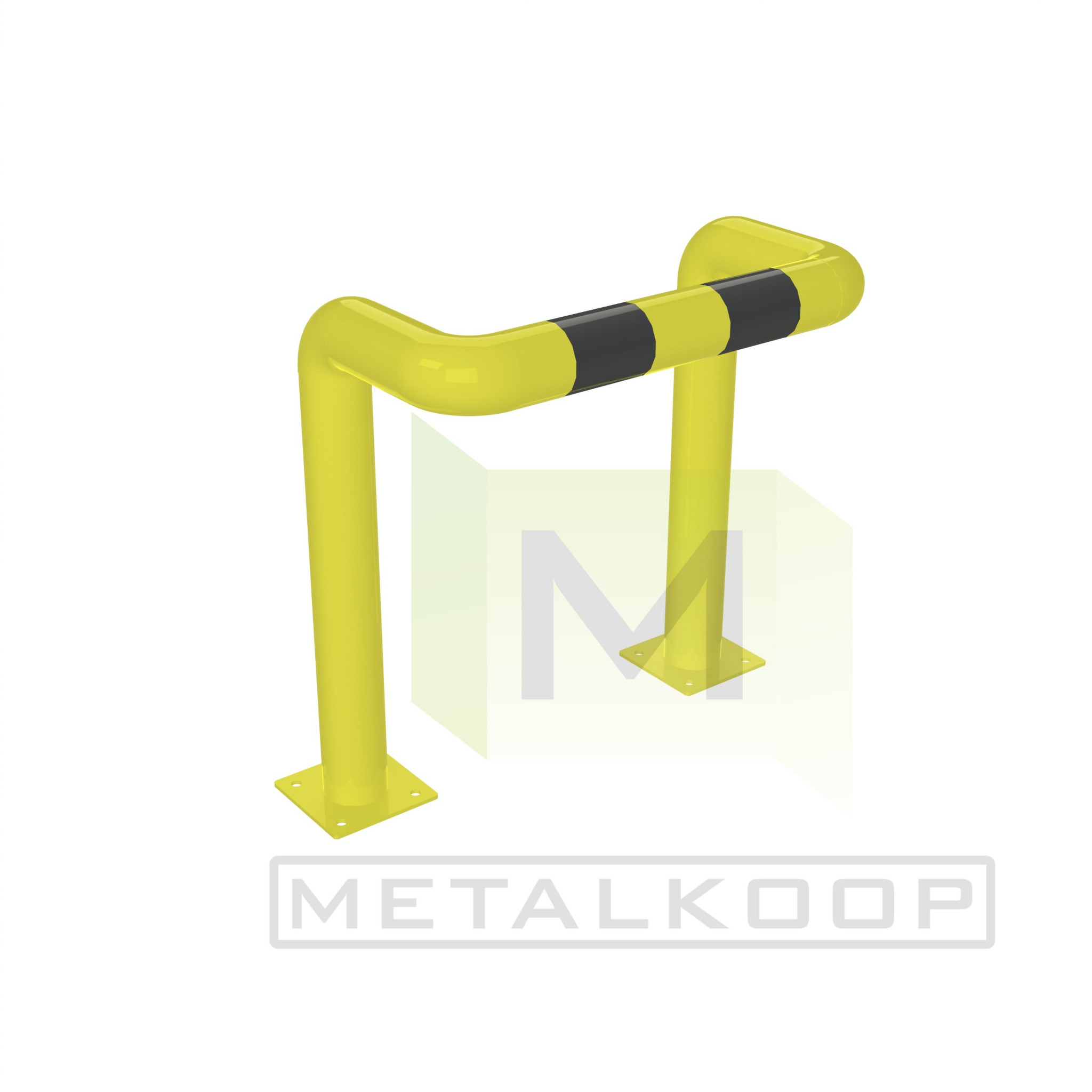 Żółta bariera ochronna z czarnymi pasami ostrzegawczymi, mocowana do podłoża, prezentowana na białym tle z delikatnym logo firmy METALKOOP.