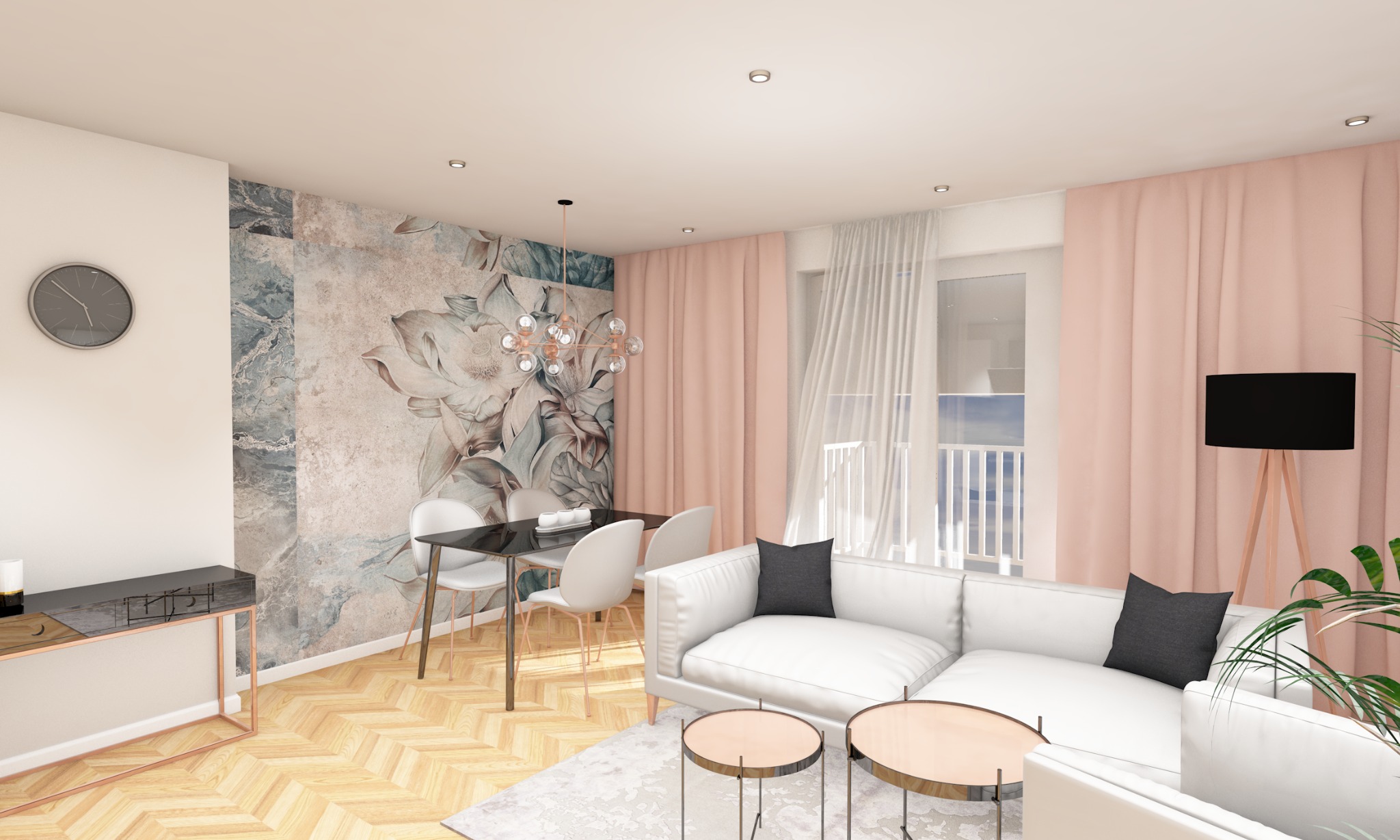 Pastelowy salon z tapetą w kwiaty, czarnym szklanym stołem, białymi krzesłami i narożną sofą. Na ścianie zegar. Podłoga w jodełkę.