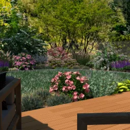 Wizualizacja ogrodu z drewnianym tarasem, r&oacute;żowe azalie na pierwszym planie, w tle r&oacute;żnokolorowe kwiaty i krzewy, ogrodzenie z siatki.