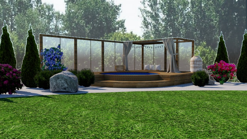 Wizualizacja ogrodu z zadaszoną strefą relaksu z jacuzzi, otoczoną tujami, krzewami kwitnącymi i dekoracyjnym kamieniem.