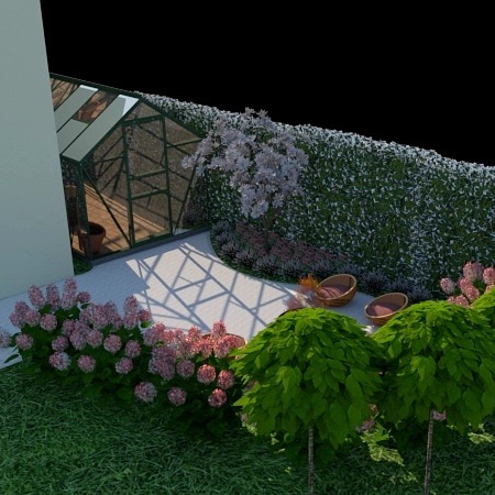 Wizualizacja ogrodu z szklarnią, kwitnącymi krzewami, formowanymi drzewkami i miejscem do siedzenia z dwoma fotelami z wikliny.