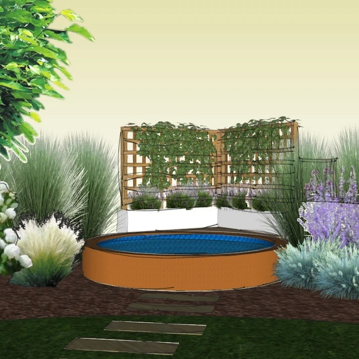 Wizualizacja ogrodu z okrągłym basenem, drewnianą kratownicą porośniętą pnączami i rabatami z roślinami ozdobnymi