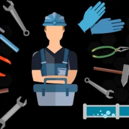 Ilustracja hydraulika z narzędziami: klucze, młotki, kombinerki, rękawice, skrzynka narzędziowa i rura z przepływającą wodą na czarnym tle.