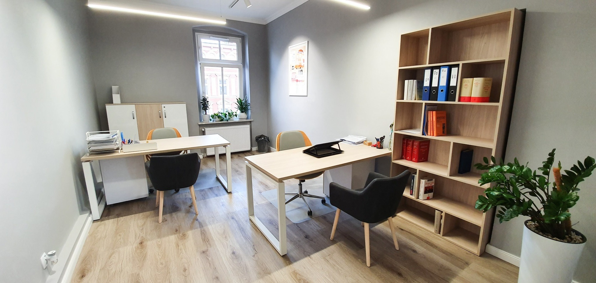 Jasne, przestronne biuro z dwoma biurkami, szarą ścianą i regałem z książkami i segregatorami; roślina doniczkowa w prawym dolnym rogu.