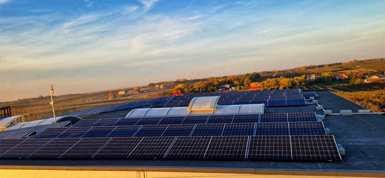 Rozległa instalacja fotowoltaiczna na płaskim dachu budynku przemysłowego, z widocznymi świetlikami i krajobrazem wiejskim w tle, oświetlona ciepłym światłem zachodzącego słońca.
