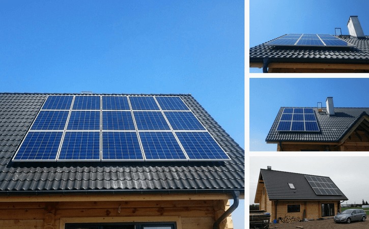 Kolaż zdjęć przedstawiający instalację fotowoltaiczną na dachu drewnianego domu z czarną dachówką, widoczne panele słoneczne w różnych ujęciach, błękitne niebo w tle.