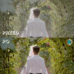 Porównanie ujęć przed i po color gradingu: mężczyzna w białej koszuli idący aleją różaną, widok z tyłu, z lewej strony ujęcie przed korekcją kolorów, z prawej po korekcji z logo firmy w rogu.