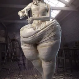 Rzeźba kobiety z nadwagą, artystyczna wizja w pracowni rzeźbiarskiej, dłuto i młotek w dłoniach, fragmenty kamienia na podłodze.