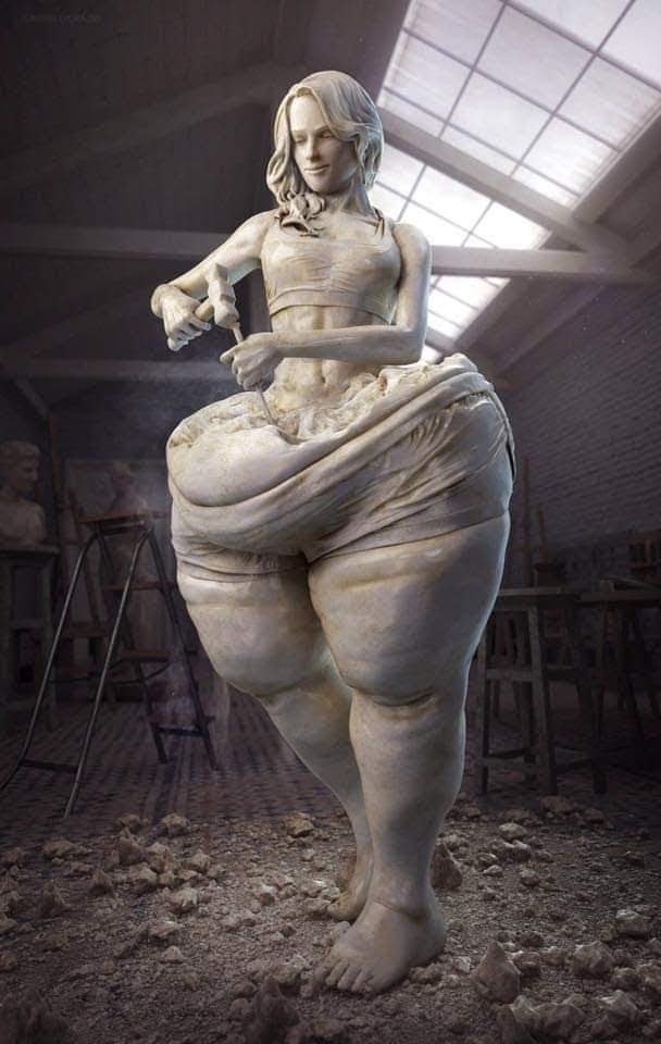 Rzeźba kobiety z nadwagą, artystyczna wizja w pracowni rzeźbiarskiej, dłuto i młotek w dłoniach, fragmenty kamienia na podłodze.
