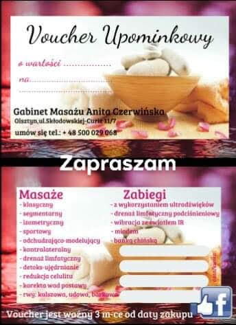 Voucher upominkowy do gabinetu masażu Anita Czerwińska w Olsztynie, oferta zabiegów i masaży, kamienie w miseczce, płatki róż.