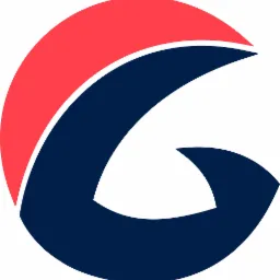 Abstrakcyjne logo w kształcie litery G, z czerwoną górną częścią i granatową dolną częścią, na białym tle.