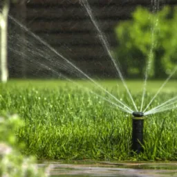 Automatyczny zraszacz nawadnia równomiernie trawnik, w tle widoczne krzewy i drzewa.