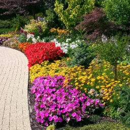Kwitnący, wielobarwny ogród z wijącą się ścieżką z kostki brukowej, obfitość kwiatów w odcieniach różu, czerwieni, żółci i bieli, różnorodność krzewów i drzew.