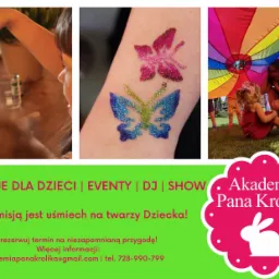 Kolaż zdjęć z animacji dla dzieci: tworzenie ozdób z koralików, brokatowe tatuaże na ramieniu, zabawa z kolorową chustą animacyjną na trawie.