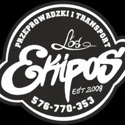 Czarno-białe logo firmy 'Los Ekipos' z napisem 'Przeprowadzki i transport', numerem telefonu i rokiem założenia 2009.