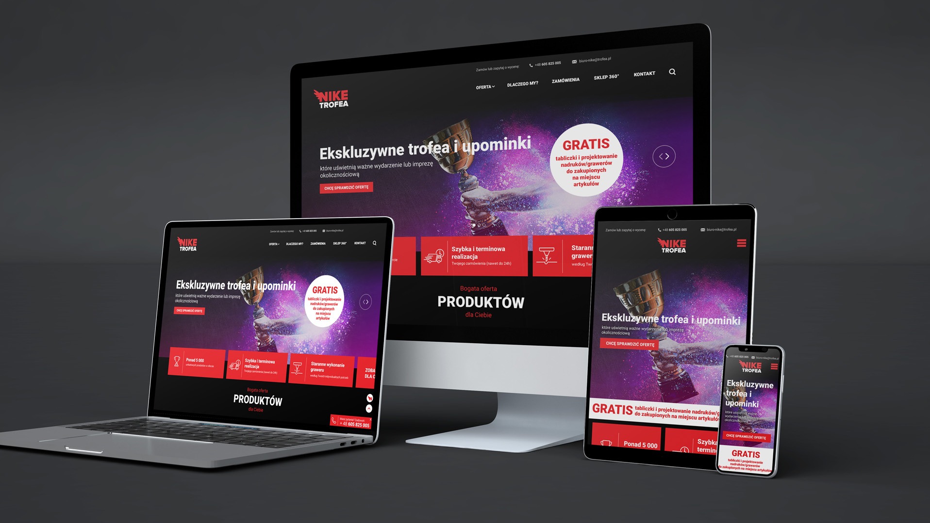 Responsywna strona internetowa z ofertą ekskluzywnych trofeów i upominków, wyświetlana na monitorze, laptopie, tablecie i smartfonie, prezentująca spójny wygląd na różnych urządzeniach.