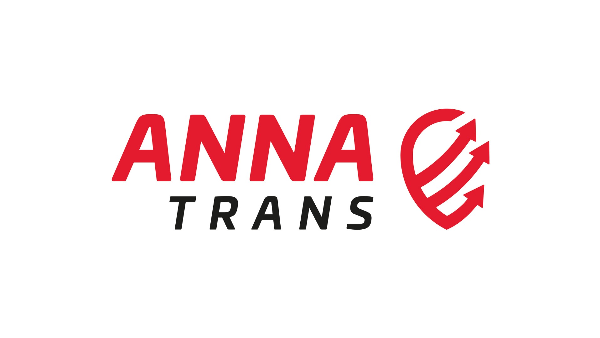 Czerwono-czarne logo firmy transportowej ANNA TRANS z trzema strzałkami w dynamicznym symbolu.