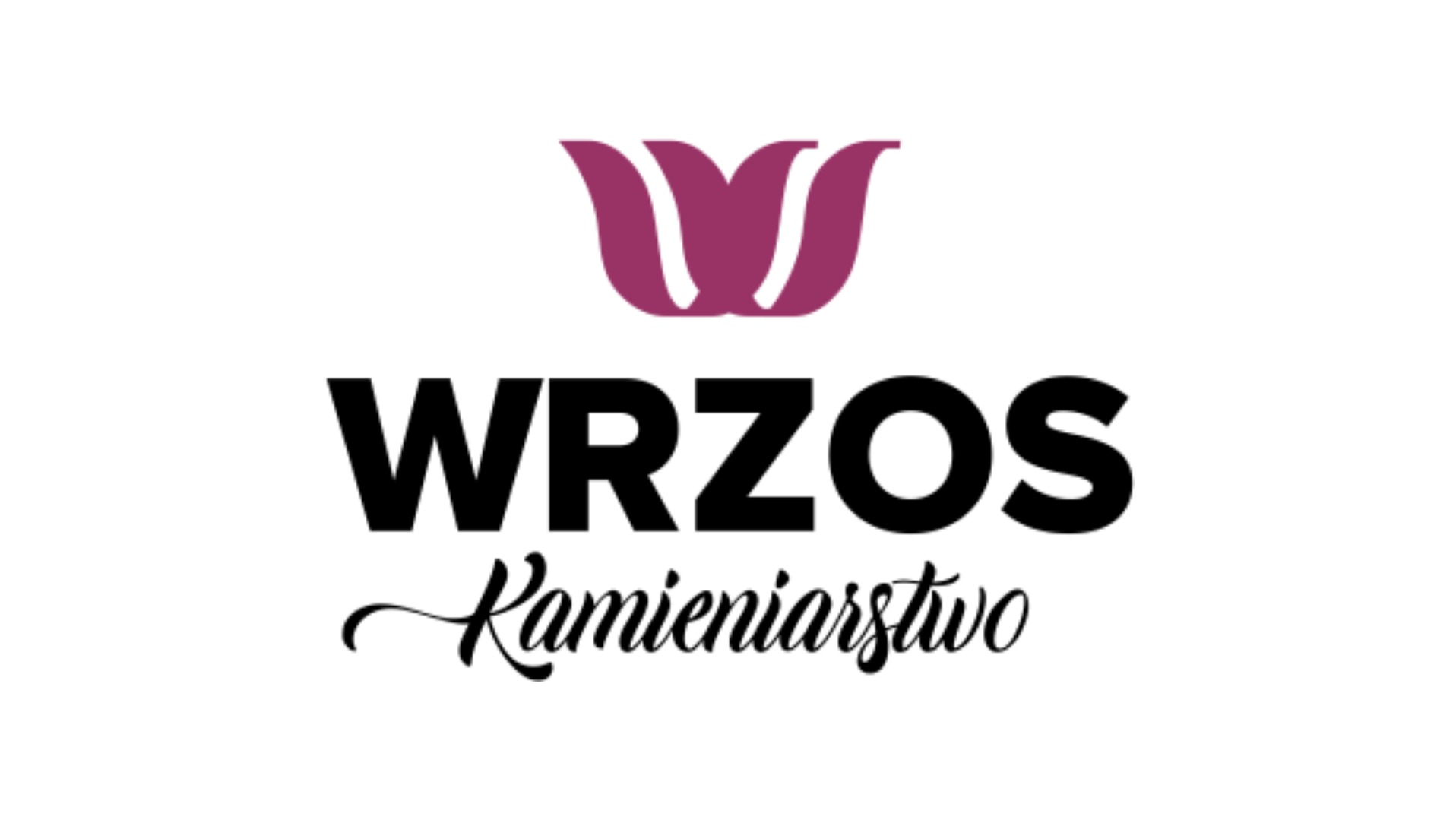 Logo firmy 'WRZOS Kamieniarstwo' z fioletowym symbolem kwiatu nad nazwą, czarny, pogrubiony font i ozdobny napis 'Kamieniarstwo' poniżej.