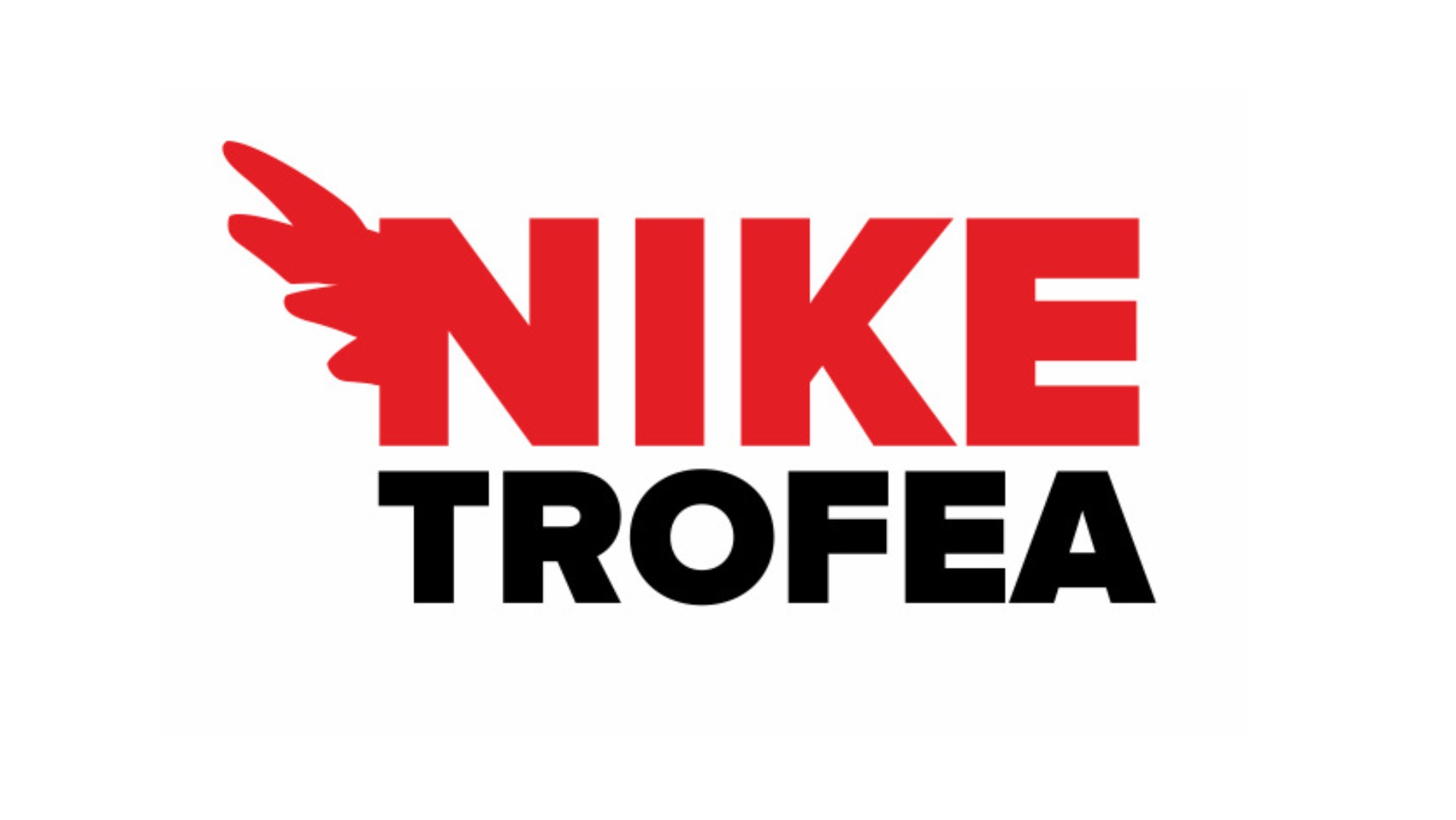 Logo Nike Trofea z czerwonym skrzydłem po lewej stronie nazwy, na białym tle.