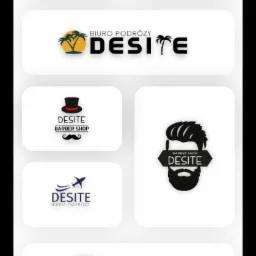 Portfolio projektów graficznych i stron internetowych firmy Desite, prezentujące logo dla biura podróży, burgerowni i barber shopu.