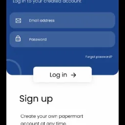 Ekran logowania do aplikacji mobilnej Paper Mart z polami na adres e-mail i hasło, przyciskiem 'Log in' i opcją 'Forgot password?', poniżej sekcja rejestracji z przyciskiem 'Create account'.