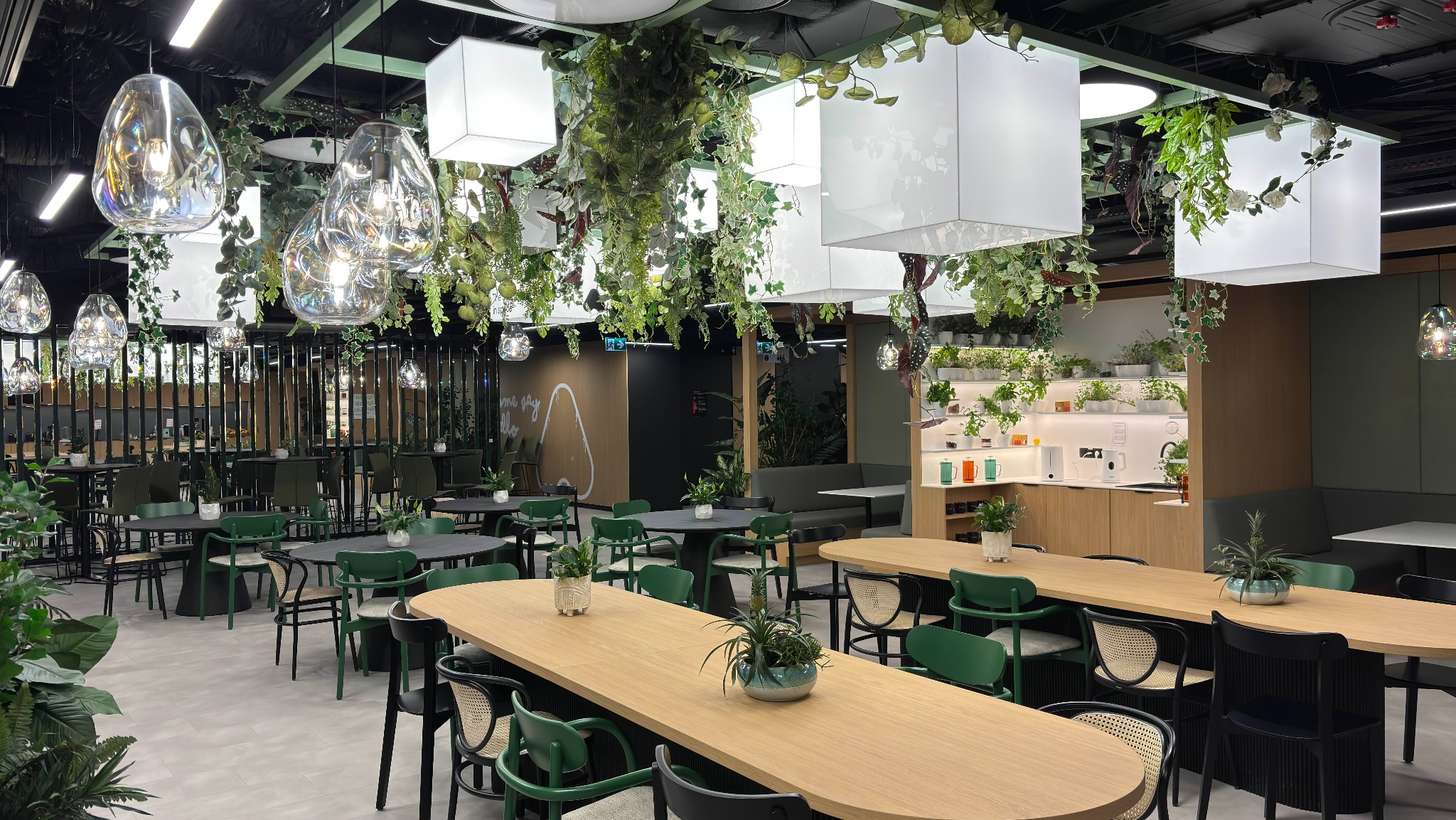 Nowoczesna aranżacja biurowa z wiszącymi lampami i roślinami. Jasne drewniane stoły otoczone zielonymi krzesłami. Oświetlenie sufitowe w formie białych kostek.