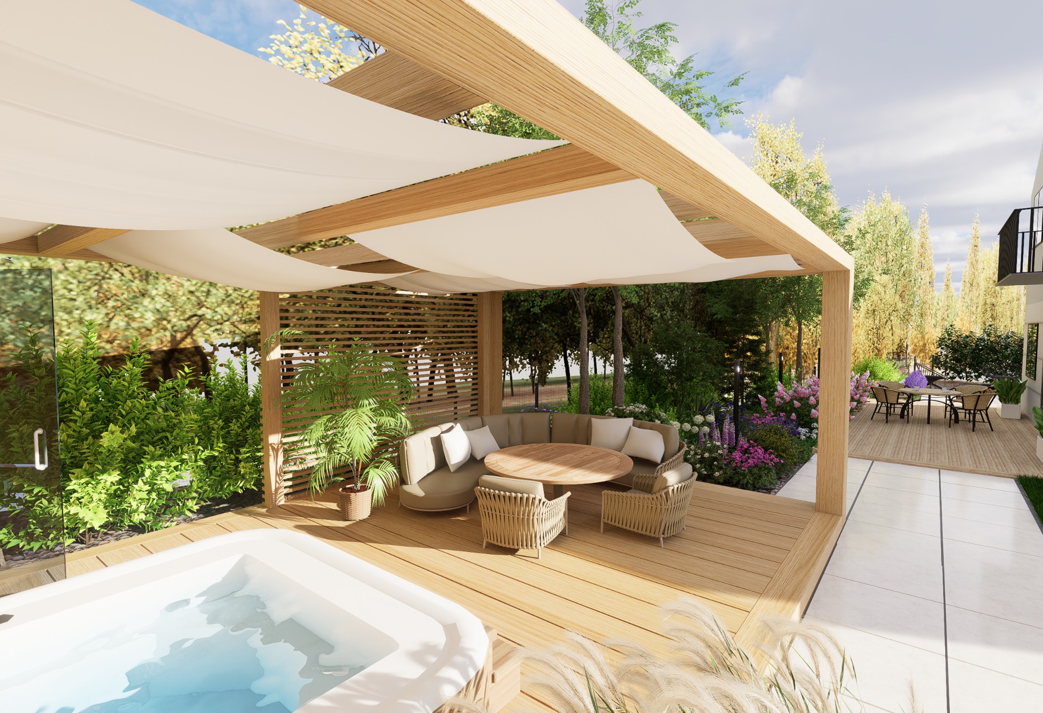 Wizualizacja projektu ogrodu w Żórawinie: drewniana pergola z zacienieniem nad tarasem z jacuzzi, okrągłym stołem i roślinnością.