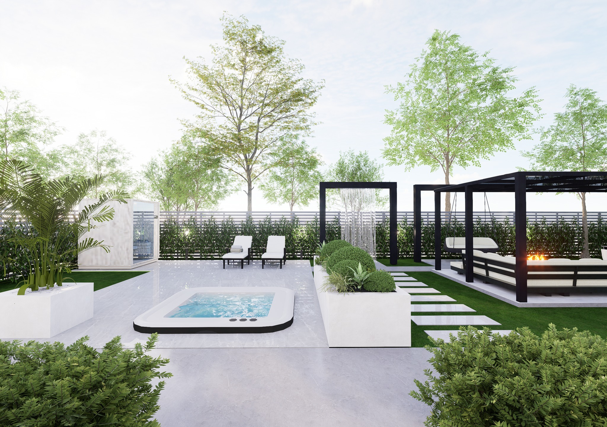 Wizualizacja nowoczesnego ogrodu z jacuzzi, minimalistycznymi meblami ogrodowymi, pergolą z huśtawką i dekoracyjną ścianą wodną.