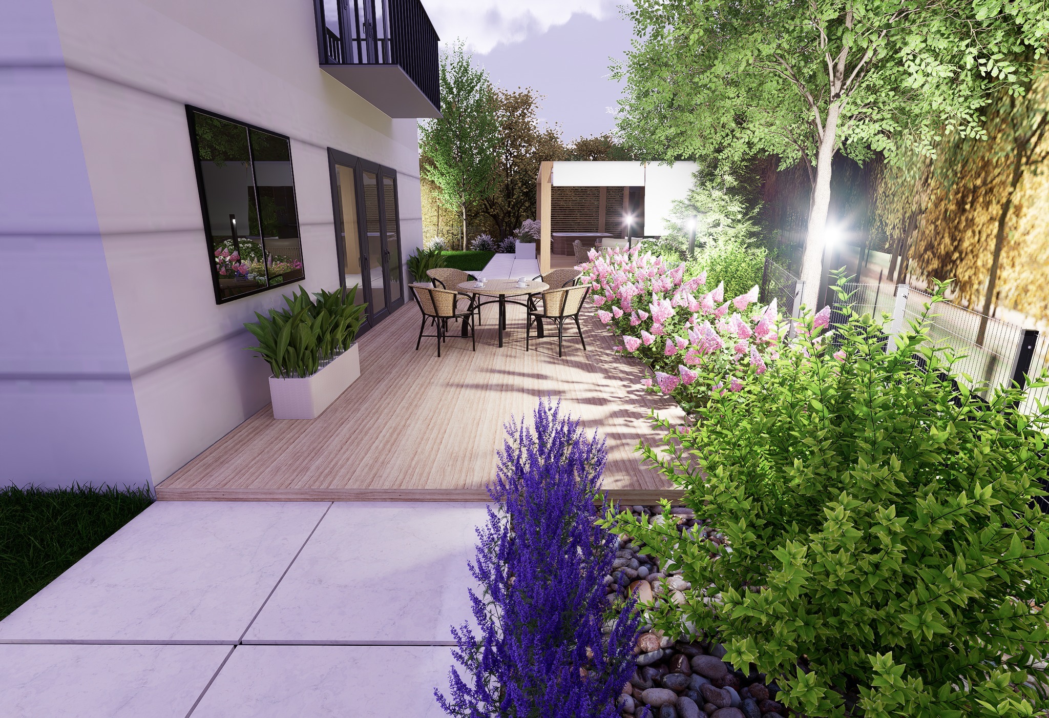 Wizualizacja ogrodu z tarasem, meblami ogrodowymi i kwitnącymi krzewami hortensji oraz szałwii, z nowoczesną altaną w tle.
