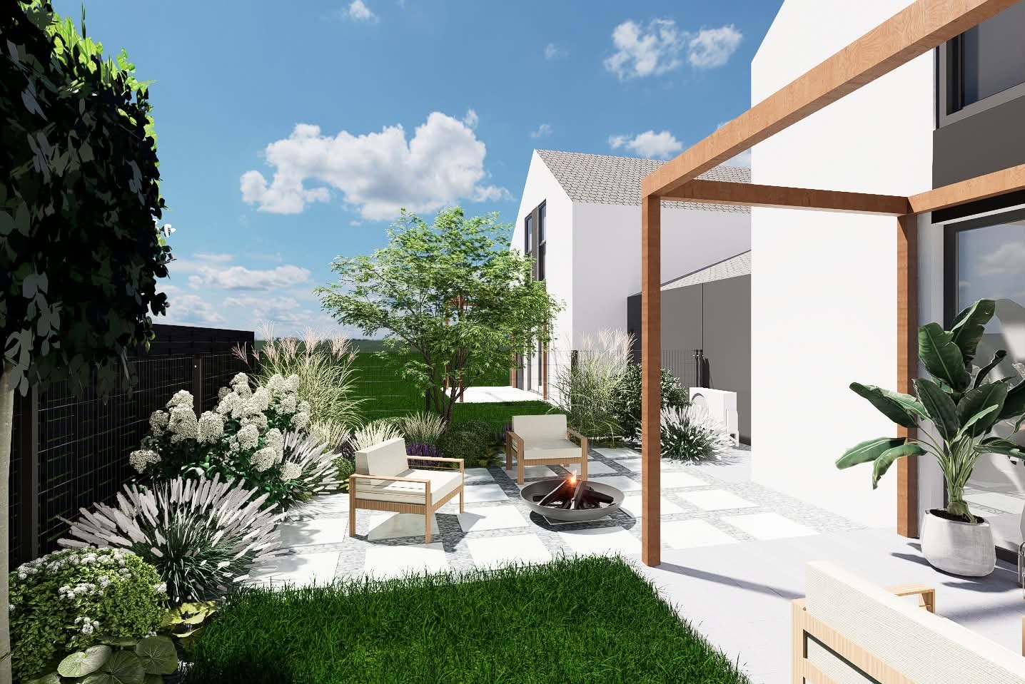 Wizualizacja ogrodu w stylu nowoczesnym: białe budynki, pergola z drewna, meble ogrodowe, palenisko i bujna roślinność ozdobna. Projekt z dbałością o detale.