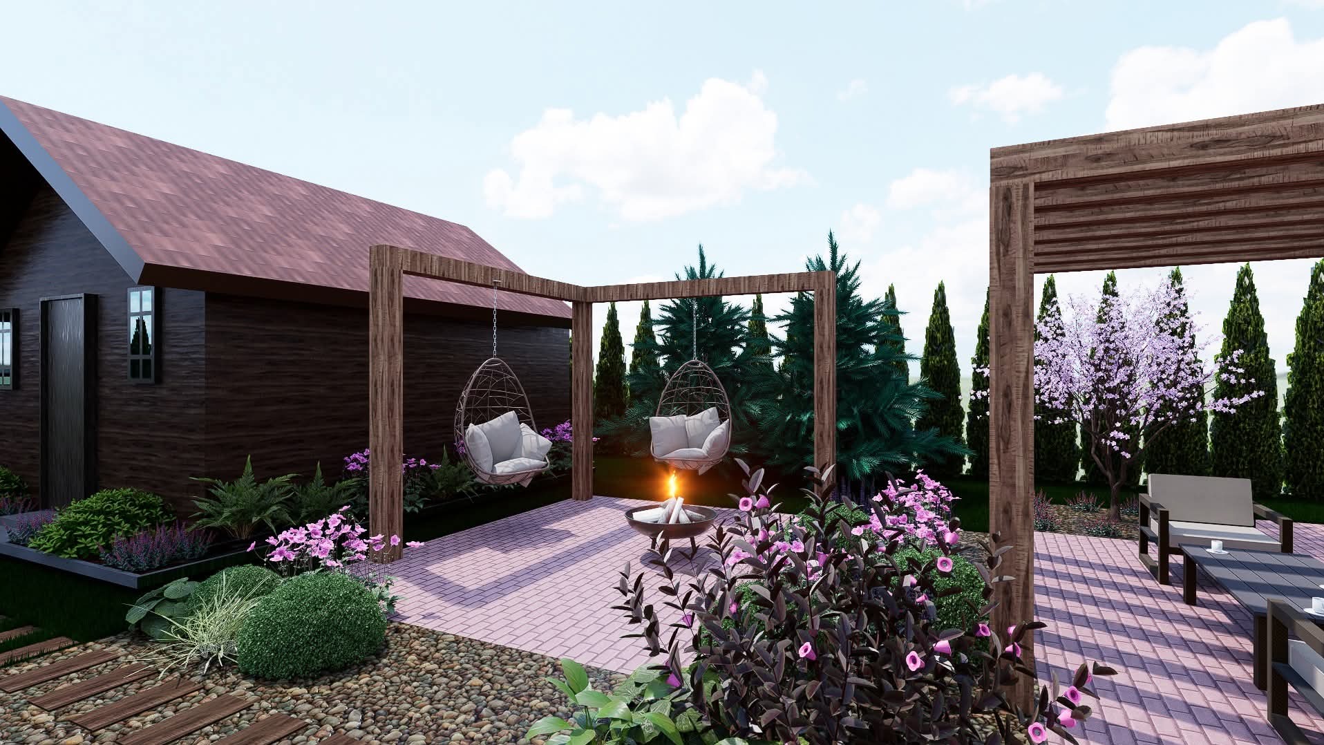 Wizualizacja ogrodu z domkiem, wiszącymi fotelami, paleniskiem i kwitnącymi roślinami. Całość utrzymana w nowoczesnym stylu z elementami drewna i kamienia.