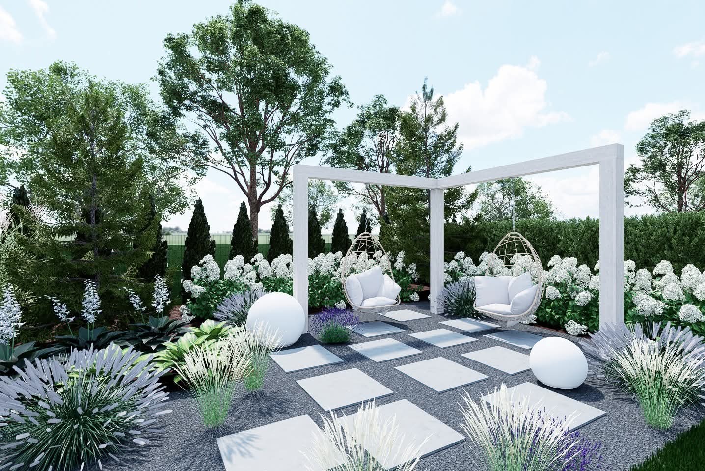 Wizualizacja ogrodu z białym pawilonem, wiszącymi fotelami i geometrycznym układem płyt na żwirowej nawierzchni. Hortensje w tle, kuliste lampy i ozdobne trawy.