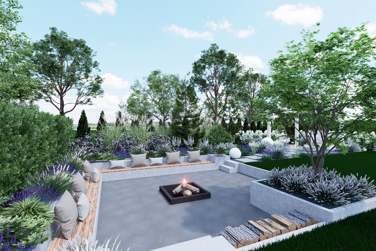 Wizualizacja ogrodu z paleniskiem otoczonym betonowym patio z siedziskami i poduchami. W tle różnorodne rośliny, drzewa i elementy dekoracyjne.