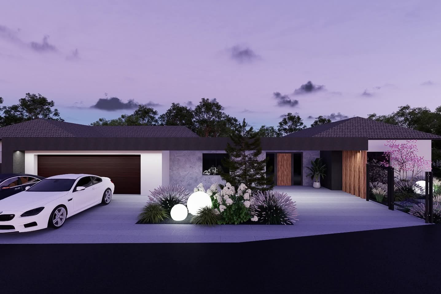 Nowoczesny dom z podświetlanym ogrodem frontowym o zmierzchu. W tle widoczne drzewa i fioletowe niebo. Na podjeździe zaparkowany biały samochód.