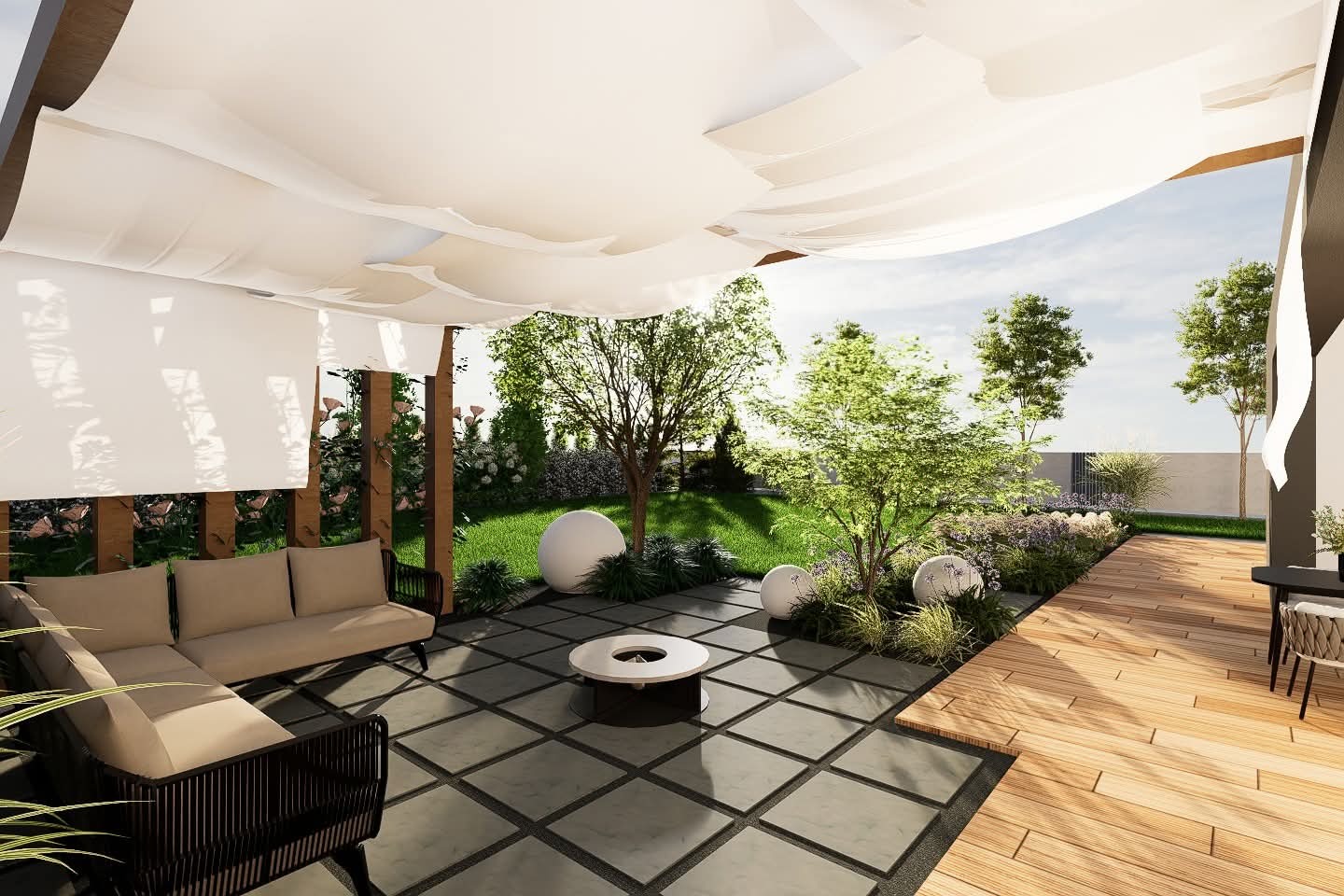 Stylowy taras z zadaszeniem, meblami ogrodowymi i elementami dekoracyjnymi, w tym kulistymi lampami. Widok na zadbany ogród z drzewami i kwiatami. Projekt z dbałością o detale.