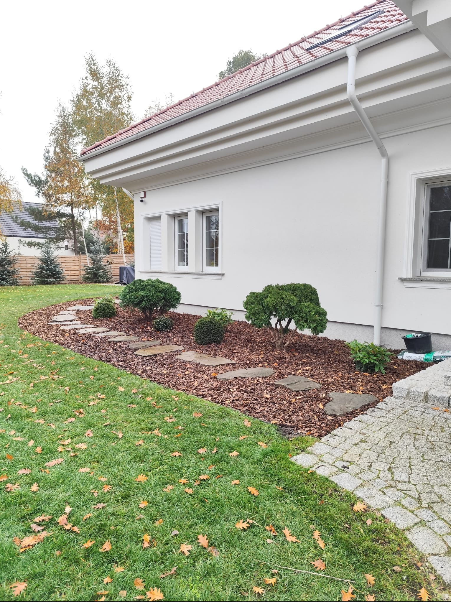 Aranżacja ogrodu z ścieżką z kamieni, korą i niskimi krzewami przy białym domu z czerwoną dachówką. Jesienne liście na trawniku.